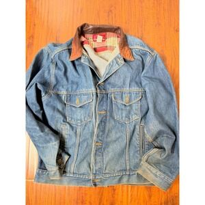 Vintage 90's Marlboro Country Cigarettes Denim Jacket Leather Collar Size XL